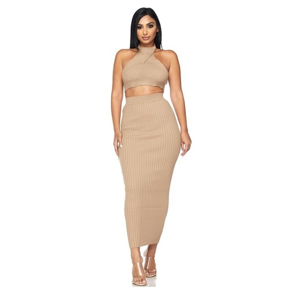 🧡 Ribbed Knit Crop Top & Midi Skirt Set - Mocha - Picture 2 of 8